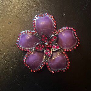 VTG style Purple Enamel Flower Brooch with Pink Rhinestones